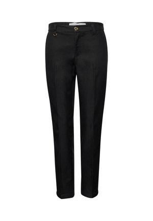 Schwarze gerade geschnittene Hose mit Knopf- und Reißverschluss, Gürtelschlaufen und kleinem Metallring-Detail nahe dem Bund.