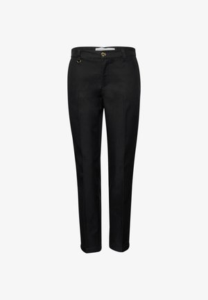 Sorte bukser med lige ben, lukning med knap og lynlås, bæltestropper og lille metalringdetalje nær linningen.