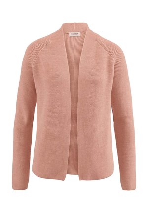 Weiches, rosa, offene Strickjacke mit langen Ärmeln und gerippter Struktur entlang des Kragens und der inneren Kanten.