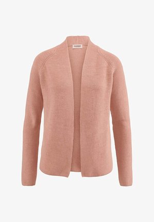 Weiches, rosa, offene Strickjacke mit langen Ärmeln und gerippter Struktur entlang des Kragens und der inneren Kanten.