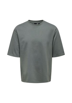 Gray oversized T-shirt made of lightweight cotton, featuring a round neck and short sleeves, with a smooth texture and minimal design.