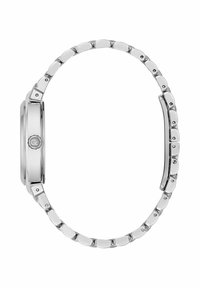 Ceas de mână din metal argintiu, cu carcasă rectangulară, finisaj lustruit, brățară din lanț și o coroană circulară pe lateral.