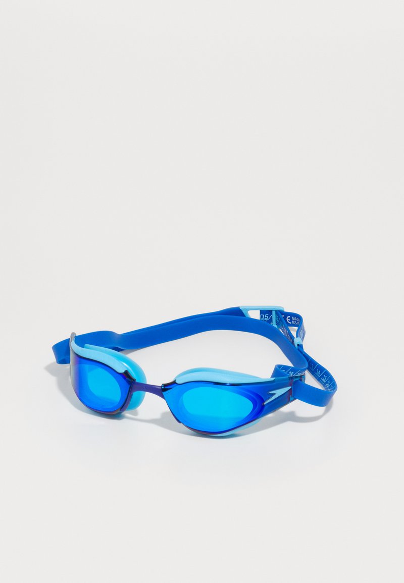Blue swimming goggles with mirrored lenses, soft blue silicone padding, adjustable strap, and streamlined design for enhanced fit and comfort.