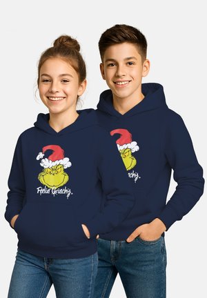 Navy blue hoodies with a front pocket feature a graphic of the Grinch in a Santa hat, styled with the text "Feelin' Grinchy" beneath.