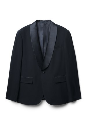 Veste de tuxedo noire avec col châle en satin, fermeture à un bouton, deux poches avant et doublure intérieure lisse, présentant une structure ajustée.