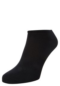 Svarta ankelstrumpor gjorda av ett slätt, elastiskt tyg, med en ribbad mudd och en rund tå i en sömlös design.