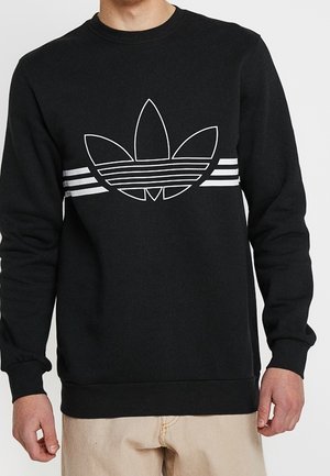 Zwarte sweatshirt van katoenmix, met een witomrand logo van drie bladeren en drie horizontale witte strepen over de borst.