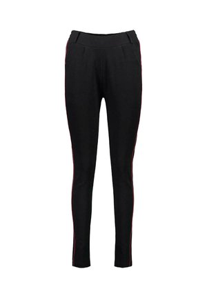 Zwarte legging met een aansluitend ontwerp, voorzien van rode zijstrepen. Gemaakt van een gladde stof met een elastische tailleband voor comfort.