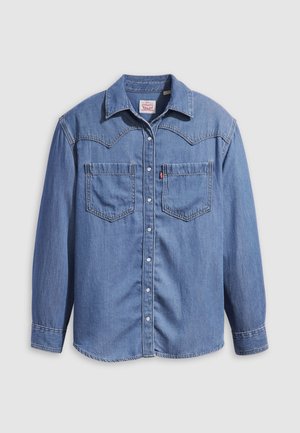 Camisa de mezclilla azul claro con cuello puntiagudo, dos bolsillos en el pecho y botones a presión. Presenta un diseño de canesú estilo occidental.