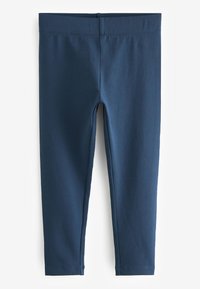 Marineblaue Leggings aus dehnbarem Stoff, mit hohem Bund und glatter Textur. Keine sichtbaren Muster oder Hardware.