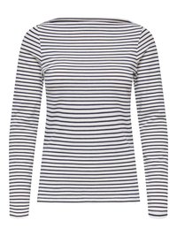 Langærmet skjorte lavet af blødt stof med horisontale navyblå og hvide striber, bådformet halsudskæring og tilpasset pasform.