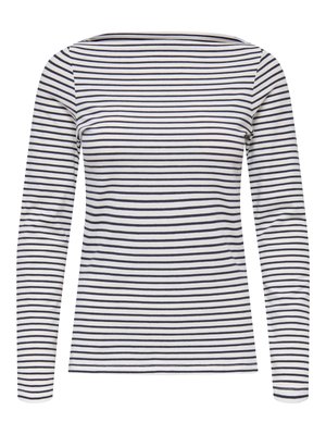Long-sleeve shirt made from soft fabric, featuring horizontal navy and white stripes, with a boat neckline and fitted design.