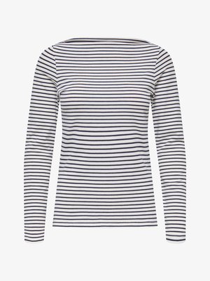 Long-sleeve shirt made from soft fabric, featuring horizontal navy and white stripes, with a boat neckline and fitted design.