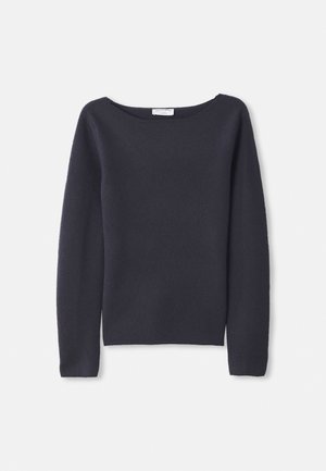 Navy long-sleeve sweater with a wide neckline, soft texture, and a relaxed fit. Features minimal stitching and no visible fastenings.