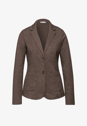 Brauner Damenblazer mit zwei vorderen Knöpfen, Reverskragen, langen Ärmeln und zwei vorderen aufgesetzten Taschen.