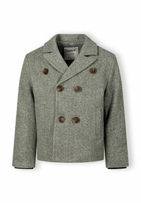 Hallhallane villane peacoat, millel on topeltkinnitatav disain, lõigatud krae, pruunid nööbid ja küljetaskud. Sile tekstuur.