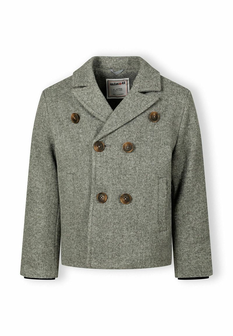 Hallhallane villane peacoat, millel on topeltkinnitatav disain, lõigatud krae, pruunid nööbid ja küljetaskud. Sile tekstuur.