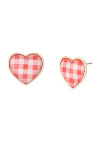 Orecchini a perno a forma di cuore in tono oro con un motivo a gingham rosa e bianco, caratterizzati da una finitura liscia e bordi arrotondati.