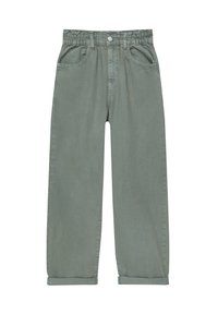 Green, wide-leg jeans made of soft cotton. Features an elastic waistband, front pockets, and rolled hems. Smooth texture without patterns.