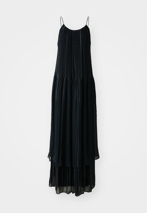 Schwarzes Maxikleid mit dünnen Trägern, plissiertem Design und geschichteten Stufen. Hergestellt aus leichtem Material mit dezenten vertikalen Nähtelementen.