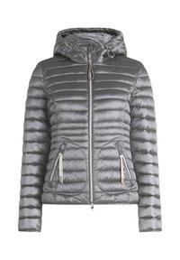 Zilveren pufferjack met capuchon, voorzien van horizontale stiknaden, twee ritszakken en een ritsluiting aan de voorkant. Glad textuur, lichtgewicht ontwerp.