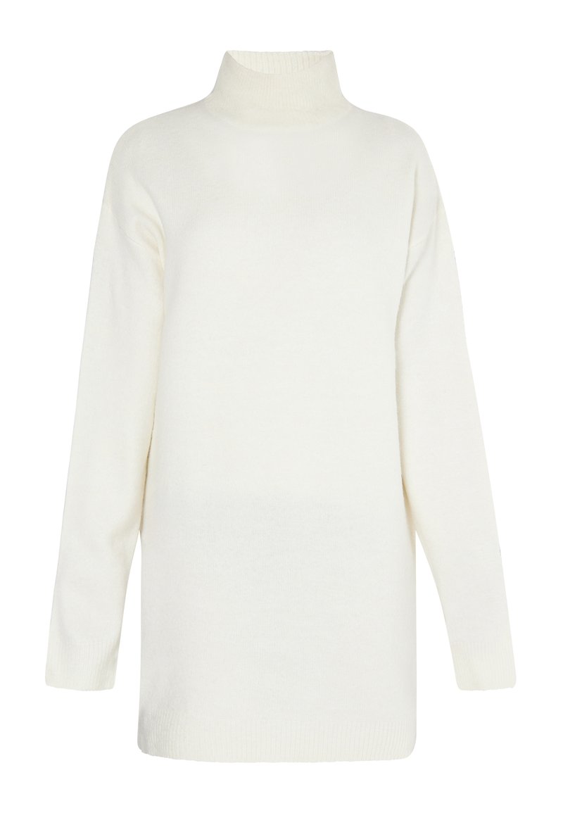 Maglione bianco a collo alto realizzato in tessuto morbido, con una vestibilità comoda, maniche lunghe e polsini e colletto a costine. Tessuto liscio.