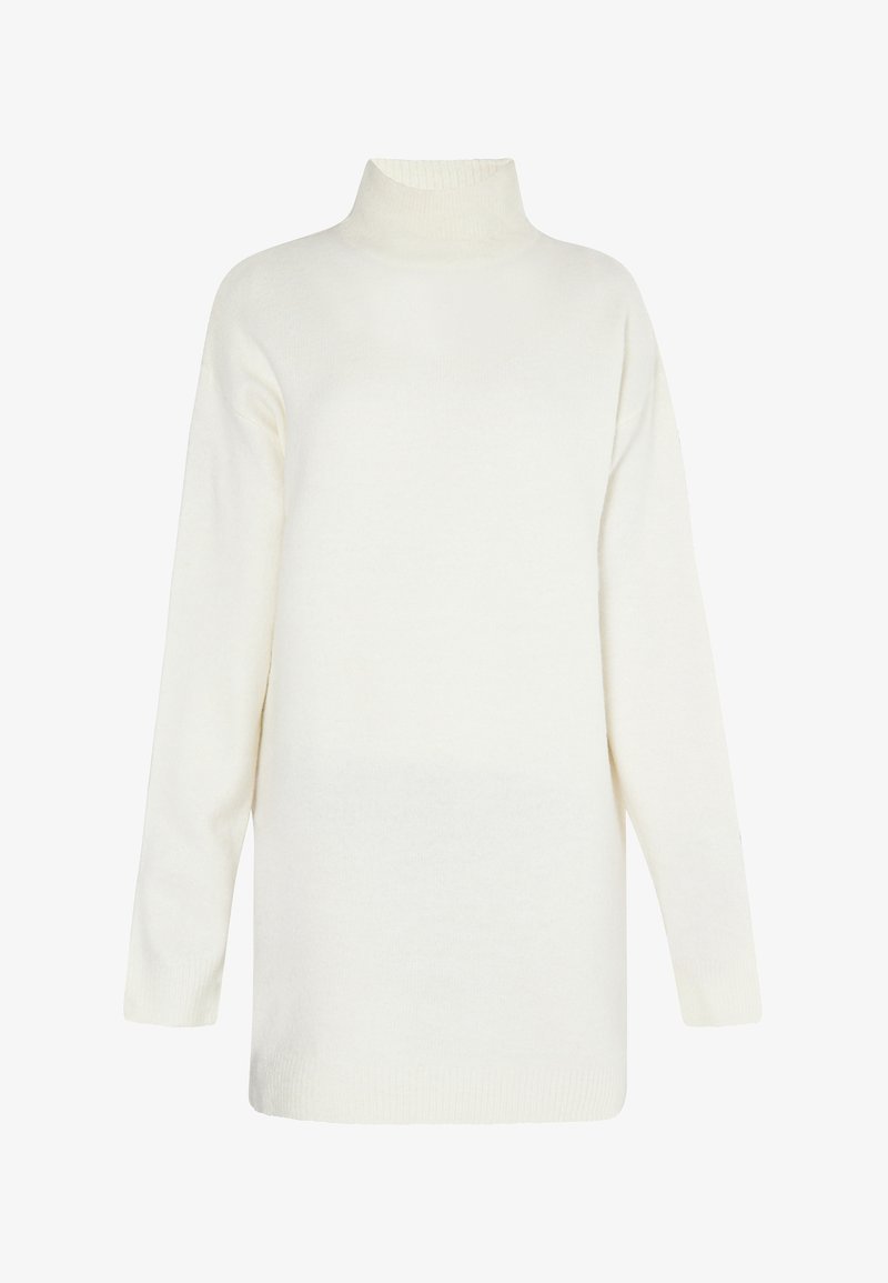 Pulover alb cu guler înalt, fabricat dintr-un material moale, cu un croi lejer, mâneci lungi și manșete și guler ribetite. Textură netedă.