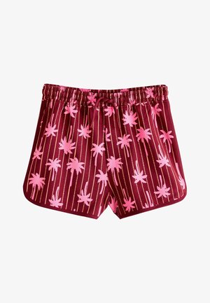 Costume da bagno color bordeaux con motivo di palme rosa e righe verticali. Presenta una vita elastica e un cordoncino per una vestibilità regolabile.