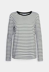 Camisa de manga longa em branco com riscas horizontais pretas, apresentando um decote redondo e um corte descontraído. Confeccionada em tecido macio e confortável.