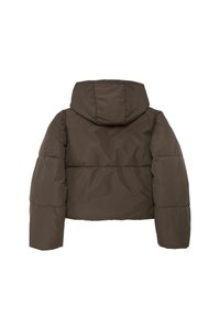 Braune, taillierte Puffjacke mit Kapuze. Verfügt über eine gesteppten Textur und ein einfaches Design. Keine sichtbaren Reißverschlüsse oder Verschlüsse.