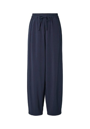 Marineblauwe wijde broek met dunne rode verticale strepen, elastische tailleband en een frontale trekkoordsluiting.