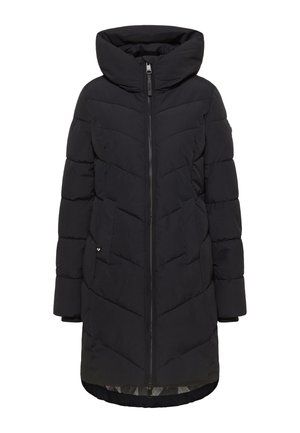 Zwarte pufferjas met een hoge kraag en capuchon, voorzien van een rits aan de voorkant, chevron-quilting en zijzakken. Zacht, geïsoleerd materiaal.