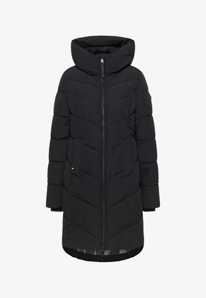 Manteau rembourré noir avec un col montant et une capuche, dotée d'une fermeture éclair à l'avant, de quilting en chevrons et de poches latérales. Matériau doux et isolant.