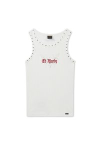 White sleeveless ribbed tank top with silver studs along neckline and armholes, red "Ed Hardy" text and faint butterfly graphic on chest.