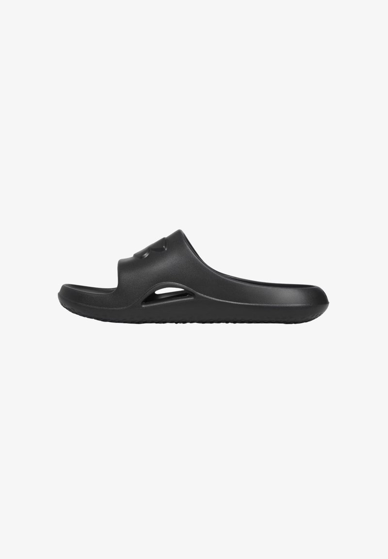 Black slide sandal with a molded upper, open toe, and side ventilation holes. Made of smooth plastic with a textured sole.