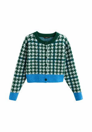 Knopenloze cropped cardigan met een groen-wit houndstooth patroon, blauwe geruite accenten en blauwe ribgebreide manchetten en zoom.