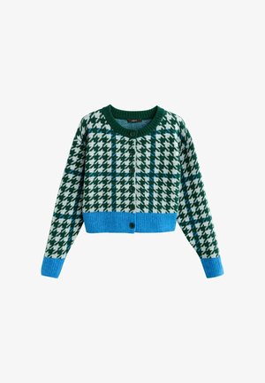Nööbiga lühendatud kardigan, millel on roheline ja valge houndstooth mustri, sinised ruudulised aksessuaarid ning sinised soonikkoes mansetid ja äär.