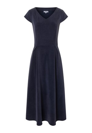 Robe midi bleu marine avec manches courtes, encolure en V, taille ajustée et jupe évasée en tissu lisse.