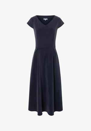 Navy blue midi dress with cap sleeves, V-neckline, fitted waist, and flared skirt made from smooth fabric.