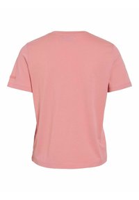 T-shirt di cotone rosa con maniche corte, collo a giro e design semplice. Il tessuto appare morbido con una texture liscia.