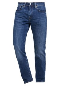 Jeans de denim azul para hombre con cierre frontal de botón y cremallera, bolsillos delanteros y traseros, y corte recto ajustado.