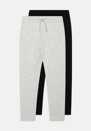 Two pairs of jogger pants; one gray and one black. Both feature an elastic waistband with a drawstring and tapered legs.
