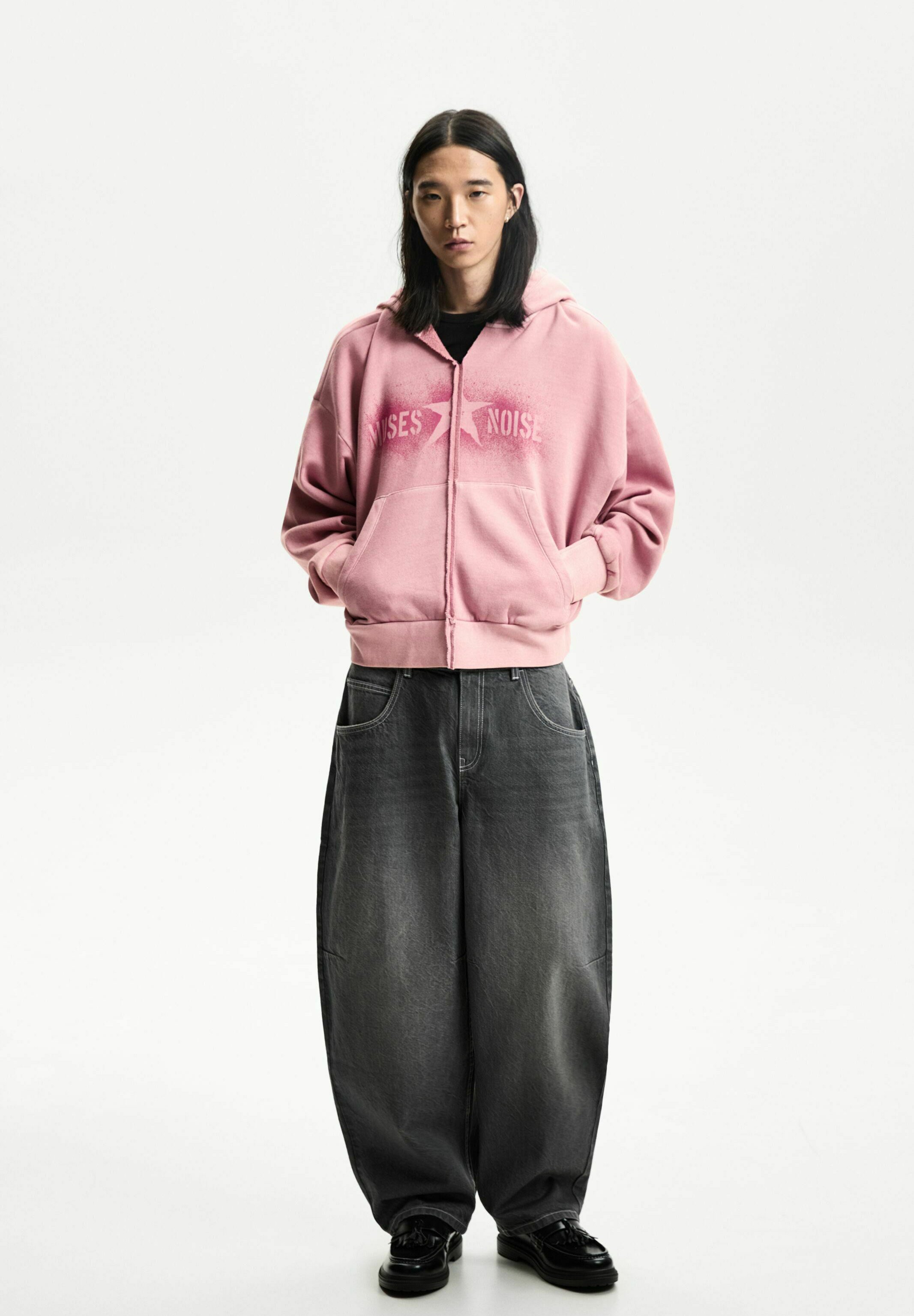Bershka CROPPED PRINTED - Felpa con cappuccio - pink/fuxia