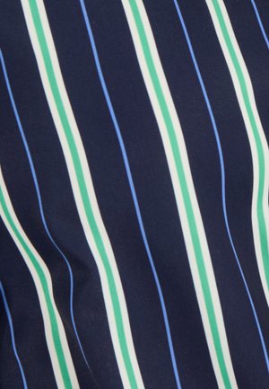 Marine stof met verticale strepen in het wit, lichtblauw en groen. Gladde textuur met een opvallend patroon van afwisselend smalle en bredere strepen.