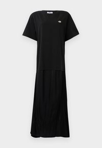 Black midi dress with short sleeves, round neckline, and a small embroidered logo on upper left chest.