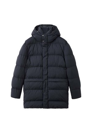 Jachetă puffer bleumarin cu glugă, având un design matlasat, închidere frontală cu capse și două buzunare orizontale pe laterale.