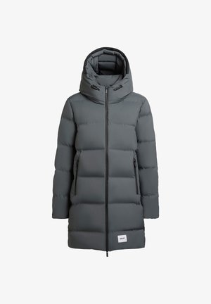 Puffige graue Parka mit hohem Kragen und abnehmbarem Kapuzen, ausgestattet mit zwei vorderen Reißverschlusstaschen und einem Logotag am Saum.