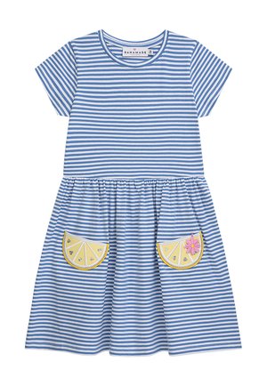 Gestreiftes Kurzarmkleid in Blau und Weiß mit Taschen in Zitronenscheiben-Form, gelber Stickerei und einem pinkfarbenen Blumenakzent. Aus Baumwollmaterial.