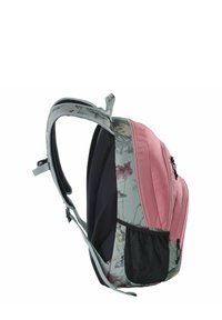 Zaino in tessuto rosa con lato a motivo floreale, tasca in rete nera e spallacci imbottiti, che mette in mostra un design elegante ed ergonomico.