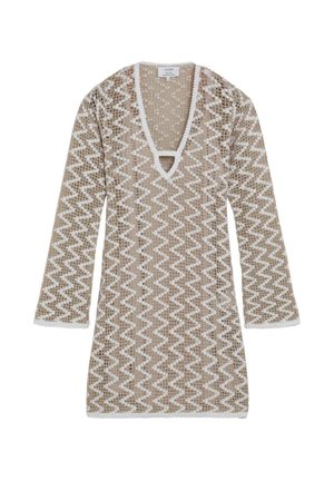 Vestido de punto de manga larga en beige y blanco con patrón de zigzag, escote en V pronunciado y ribete con borde ondulado en los bordes y puños.